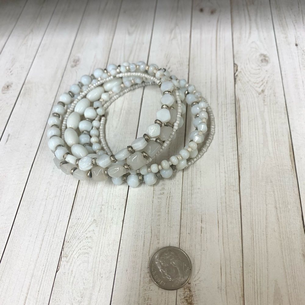 White Glass Bead Memory Wire Bracelet‎